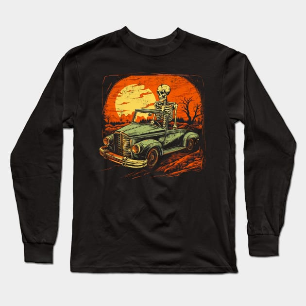 Vintage Vagabond: Skeleton & Classic Car Vintage Grunge Graphic Tee Long Sleeve T-Shirt by Commodore